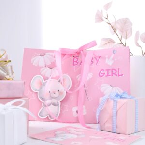 VGOODALL Baby Girl Gift Bag, 13" Gift Bags with Tissue Paper Ribbon Handle and Greeting Card for Girl Baby Shower Newborn 1st Birthday Gender Reveal Party Pink