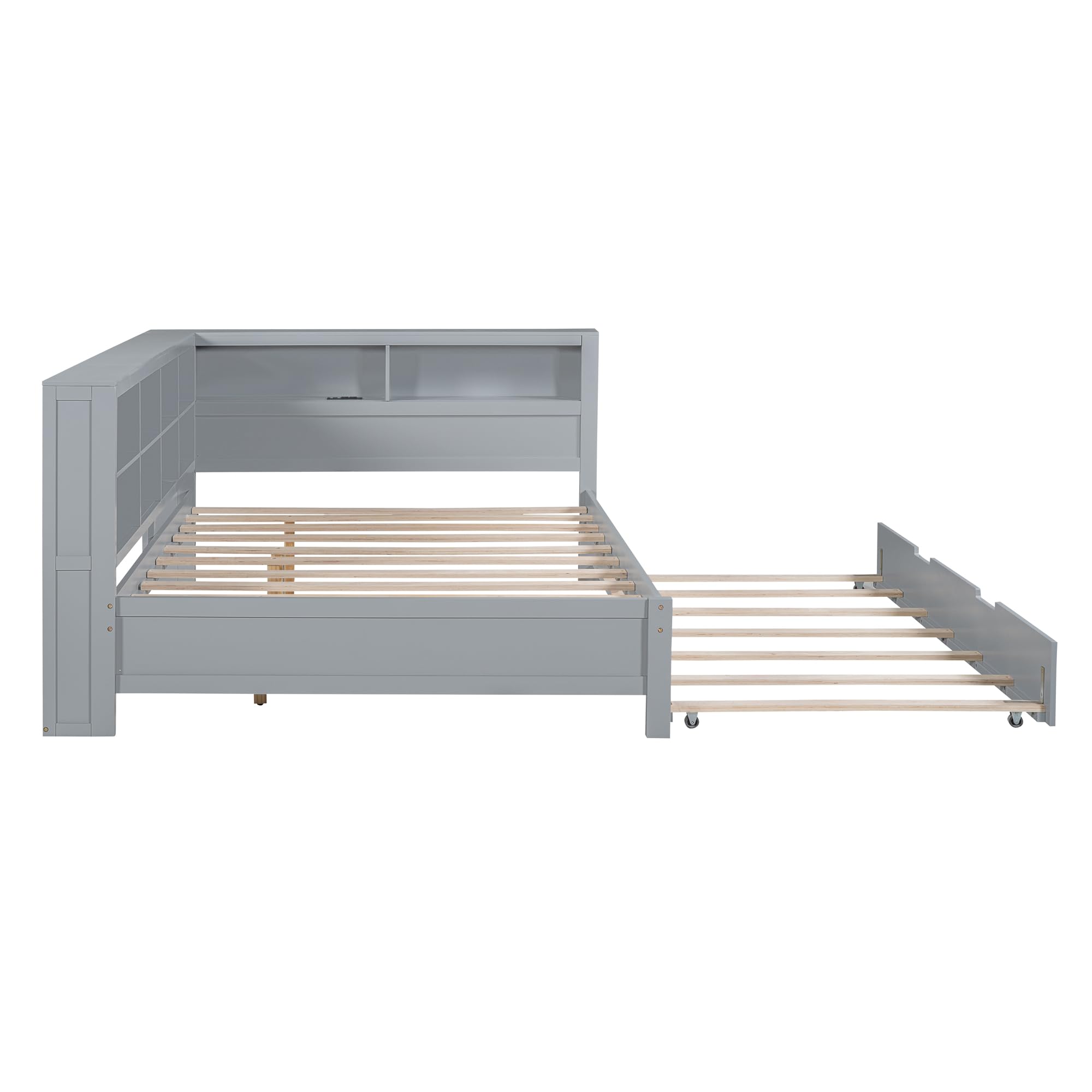 Hlcodca Wooden Full Size Daybed with Twin Size Trundle, Daybed with Storage Shelf and USB Charging Ports, for Kids Teens Adult Bedroom (Gray/Full + Daybed)