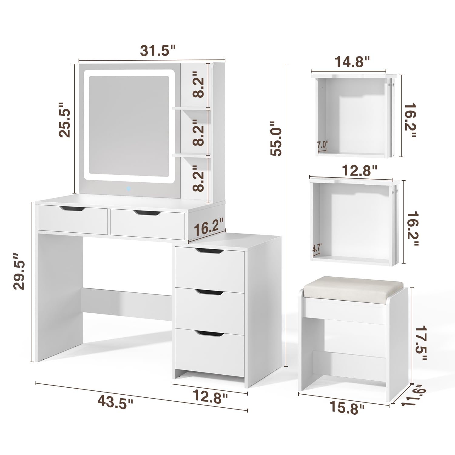 Aiho Makeup Vanity Desk with Mirror and Lights, 43.5" Vanity Table with 5 Drawers & Storage Shelves, Adjustable Brightness & 3 LED Light Modes - Dressing Table Set for Bedroom, White