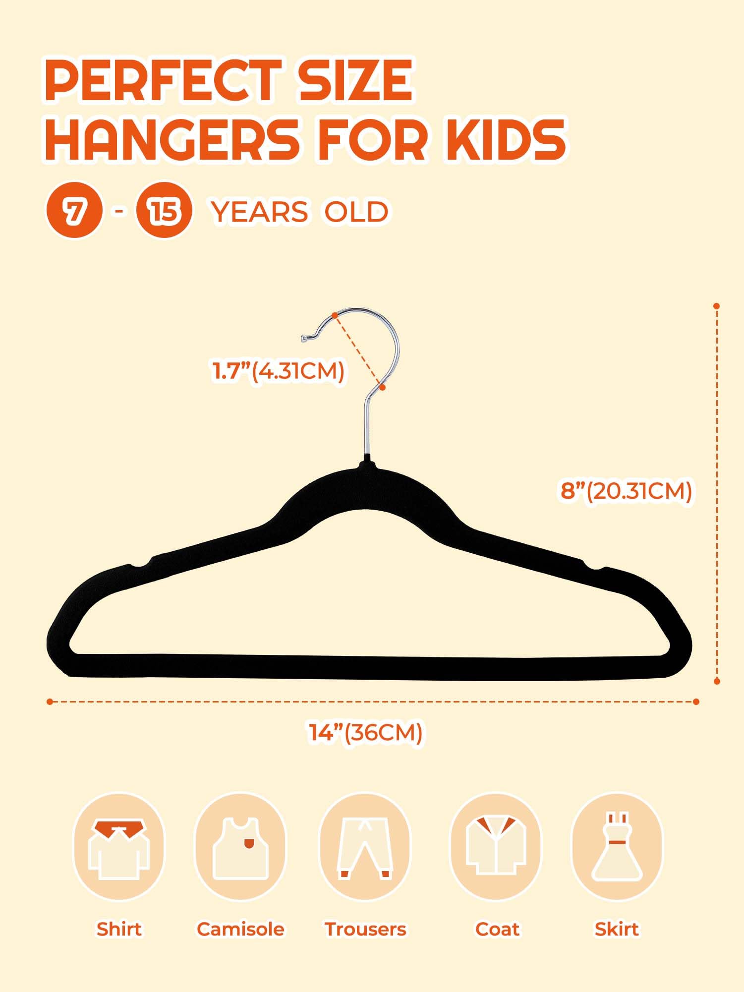 HOUSE DAY Kids Velvet Hangers 50 Pack, Durable Big Kids Hangers 14 Inch Hangers for Youth, Non Slip Kids Felt Hangers, Cute Childrens Hangers for Closet, Kids Black Hangers