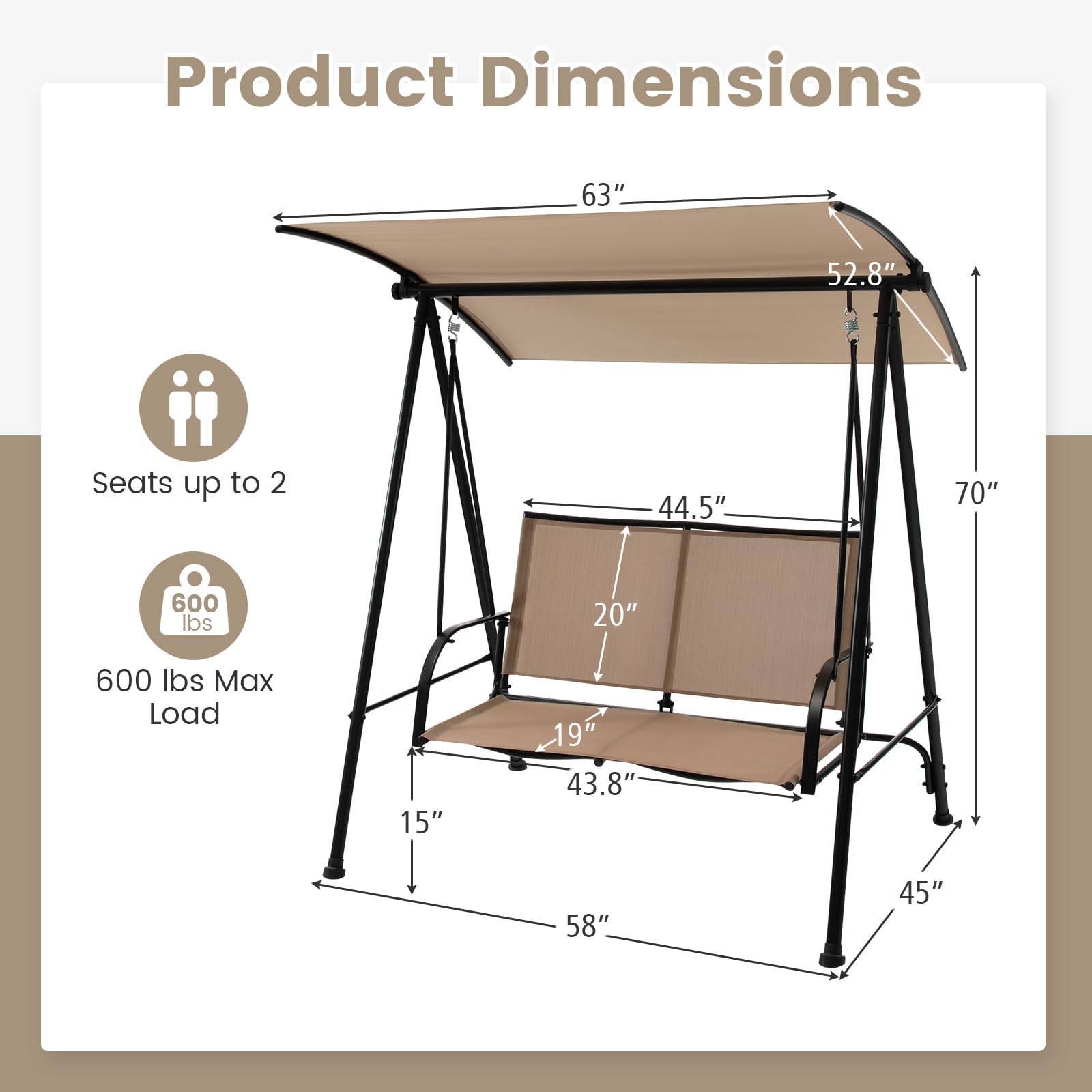 HAPPYGRILL 2-Person Porch Swing with Canopy, Outdoor Patio Swing Chair with Heavy-Duty Metal Frame, Breathable & Durable Seat Fabric, Patio Loveseat Swing for Backyard, Balcony, Poolside