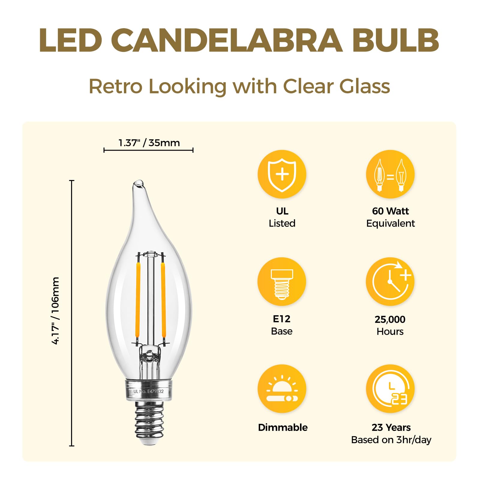 Hizashi E12 Candelabra Bulb 60 watt Equivalent, 2700K Soft Warm White, Dimmable Chandelier Light Bulbs, 90+ CRI 6W 550LM, CA11 Flame Tip E12 LED Candle Bulb, UL Listed,12 Pack