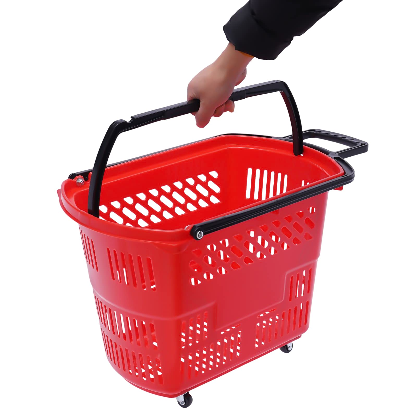 6PCS Shopping Carts with Wheels and Handle, Plastic Shopping Basket Red 35L, Portable Rolling Shopping Basket Set in Supermarkets and Retail Stores Laundries