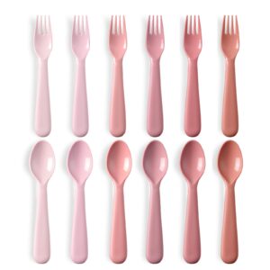 12 pcs toddler utensils set, plastic spoons and forks set for kids, multicolor children safe flatware, plastic reusable cutlery, bpa free, dishwasher safe - pink