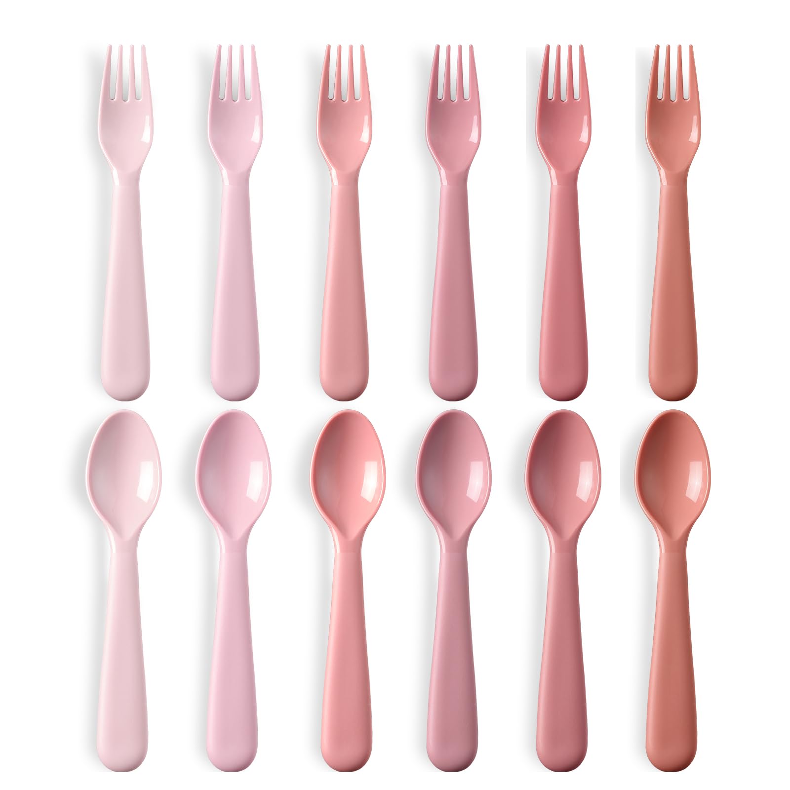 12 Pcs Toddler Utensils Set, Plastic Spoons and Forks Set for Kids, Multicolor Children Safe Flatware, Plastic Reusable Cutlery, BPA Free, Dishwasher Safe - Pink