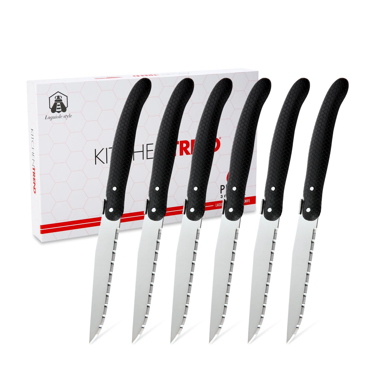 KITCHENTREND Knife Set, Steak Knives Set of 6, 6 Pcs Steak Knife Set Dishwasher Safe Knife Set, New Laguiole Premium serrated knife set, knives Set for Kitchen (Black)