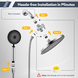 Rain Shower Head with Handheld Spray, Lanhado 8.5'' Shower Head with hose, 4 Setting High Pressure Shower Heads, Anti-leak Rainfall Shower Head with Holder, Waterfall Showerhead, Silver