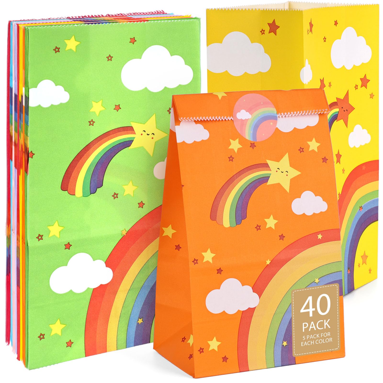 JOHOUSE 40PCS Party Favor Paper Bags, Rainbow Treat Bag with Stickers Small Goody Bag Gift Bags for Candy Birthday Baby Showers Weddings Party Supplies