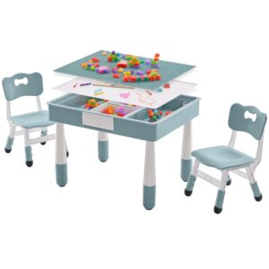 doreroom 4 in 1 kids table and 2 chairs set with storage, toddler table and chair set for kids ages 3-10, graffiti & building blocks double-sided tabletop (grayish blue, 2 chairs)