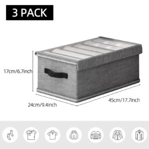 Ohlove 3Pcs Large Wardrobe Clothes Organizer with Lid, 6 Grids Foldable Stackable Fabric Drawer Organizer Dividers Storage Box for Jeans, Pants, T-shirts, Sweater, Scarves, Bras