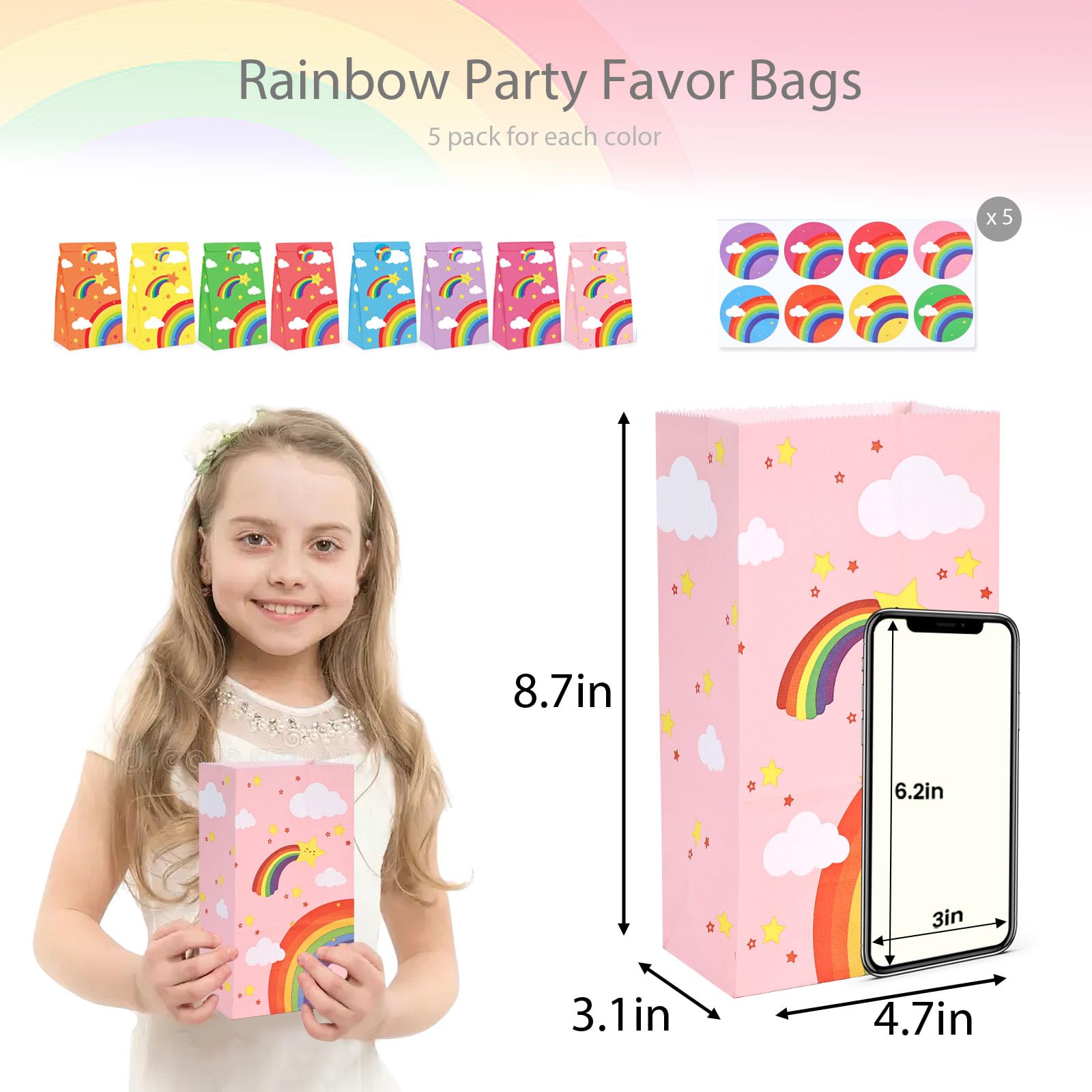 JOHOUSE 40PCS Party Favor Paper Bags, Rainbow Treat Bag with Stickers Small Goody Bag Gift Bags for Candy Birthday Baby Showers Weddings Party Supplies