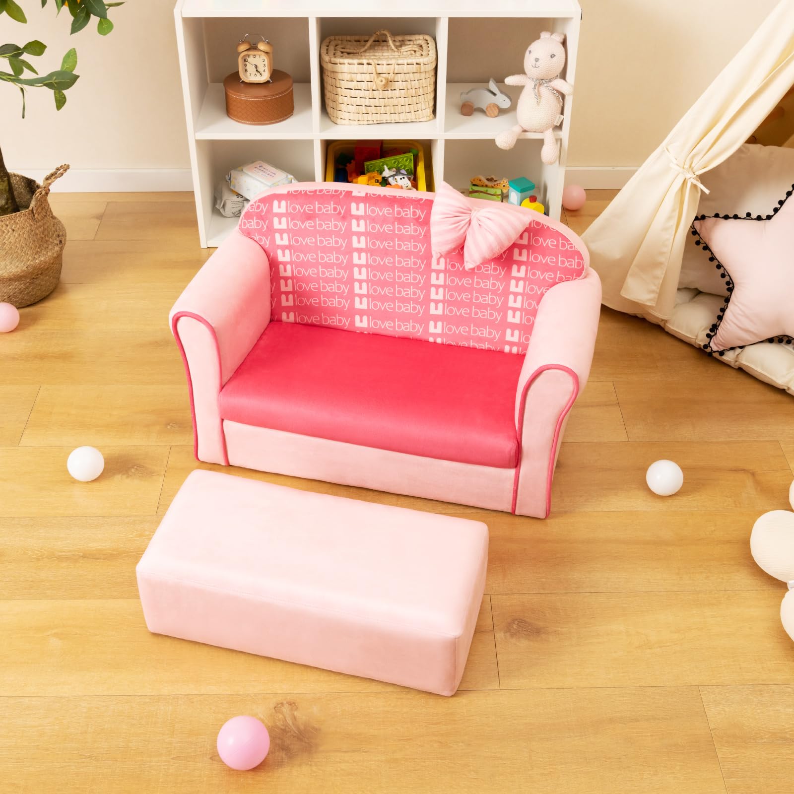 Costzon Kids Pink Couch, Toddler Mini Sofa for Kids Loveseat Aged 1-3, Upholstered Armchair with Velvet Surface & High-Density Sponge, Children's Sofa for Preschool Bedroom Playroom Gift Presents