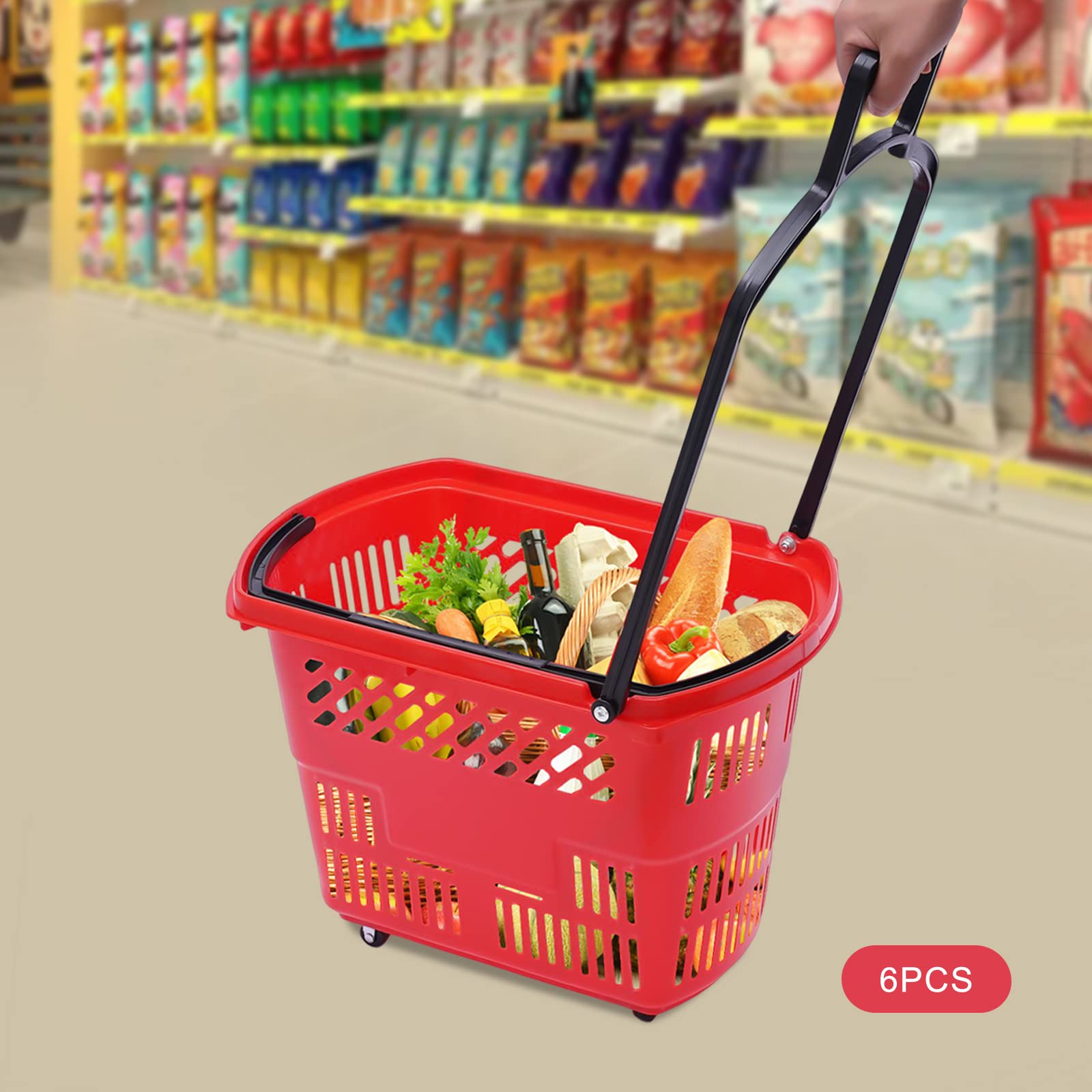 6PCS Shopping Carts with Wheels and Handle, Plastic Shopping Basket Red 35L, Portable Rolling Shopping Basket Set in Supermarkets and Retail Stores Laundries