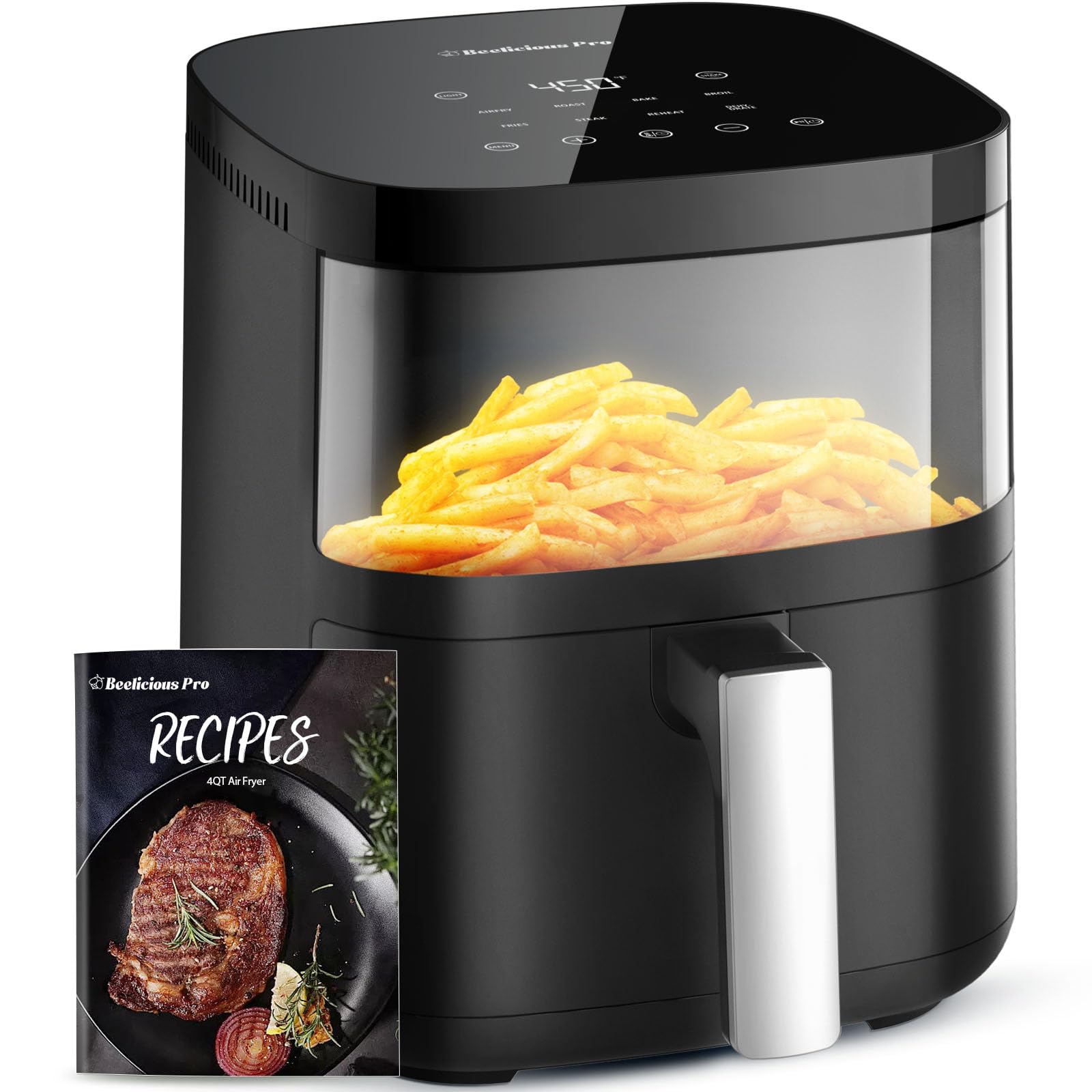 Air Fryer, Beelicious 8-in-1 Smart Compact 4QT Air Fryers, with Viewing Window,Shake Reminder,450°F Digital Airfryer with Flavor-Lock Tech,Dishwasher-Safe & Nonstick,Fit for 1-3 People,Black