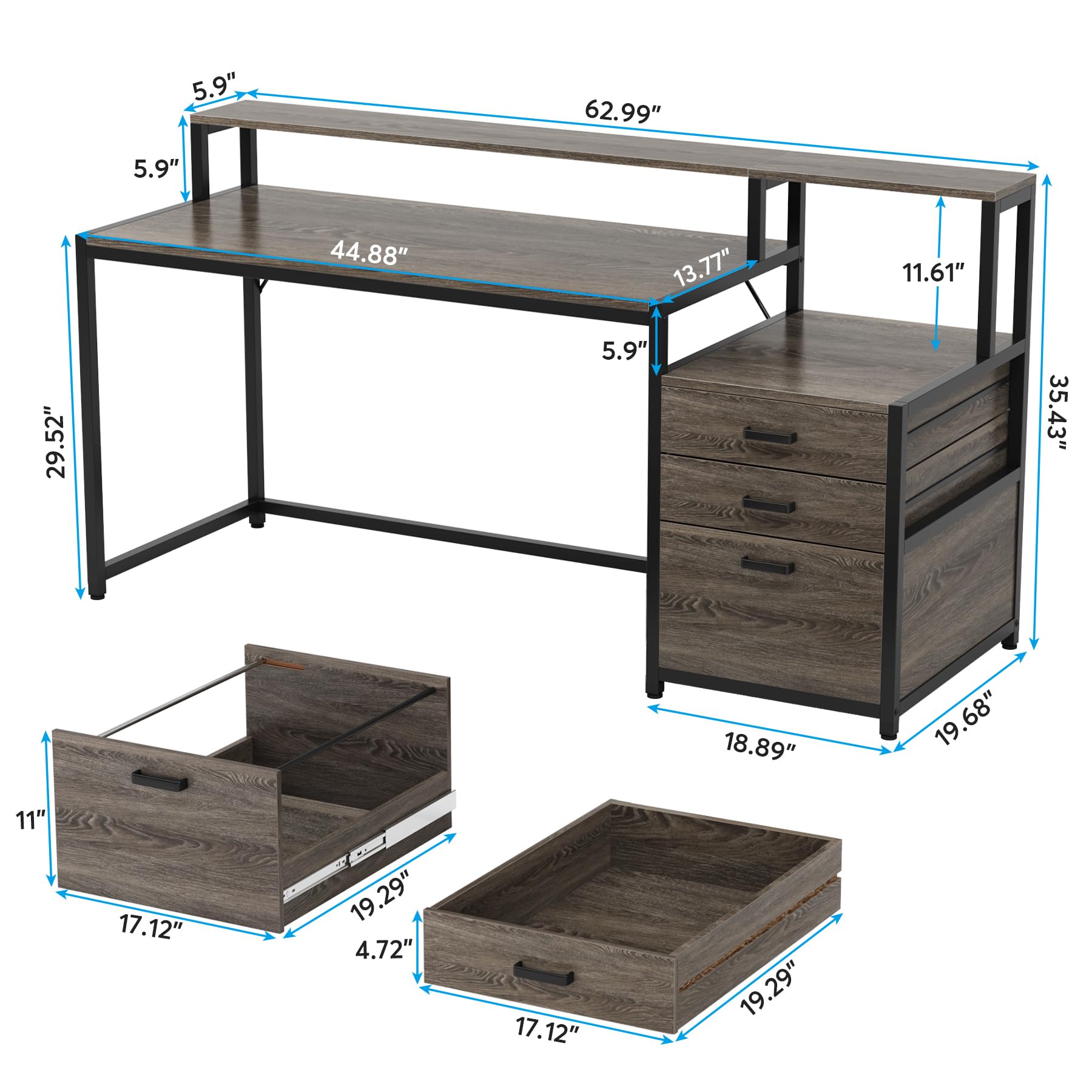 Tribesigns 63 Inch Computer Desk with File Drawer Cabinet, Ergonomic Office Desk with Monitor Stand, Industrial Computer Table with Printer Space, Wood PC Table Workstation Desk for Home Office