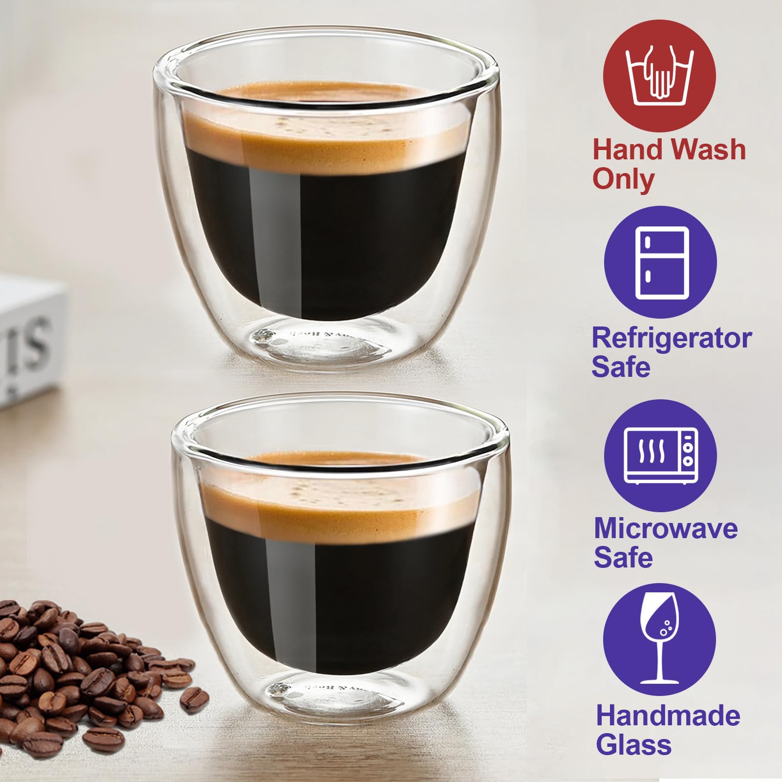 Double Wall Espresso Cups (Set of 2), 3 Ounce Glass Expresso Coffee Mugs Clear Espresso Shots Double Walled Insulated Small Demitasse Cups for Espresso Machine Italian Espresso Microwave Safe