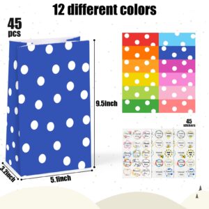 LovesTown 45PCS Paper Treat Bags with Stickers, Colorful Party Favor Bags Goody Bags Polka Dot Paper Bags for Birthday Baby Shower Wedding