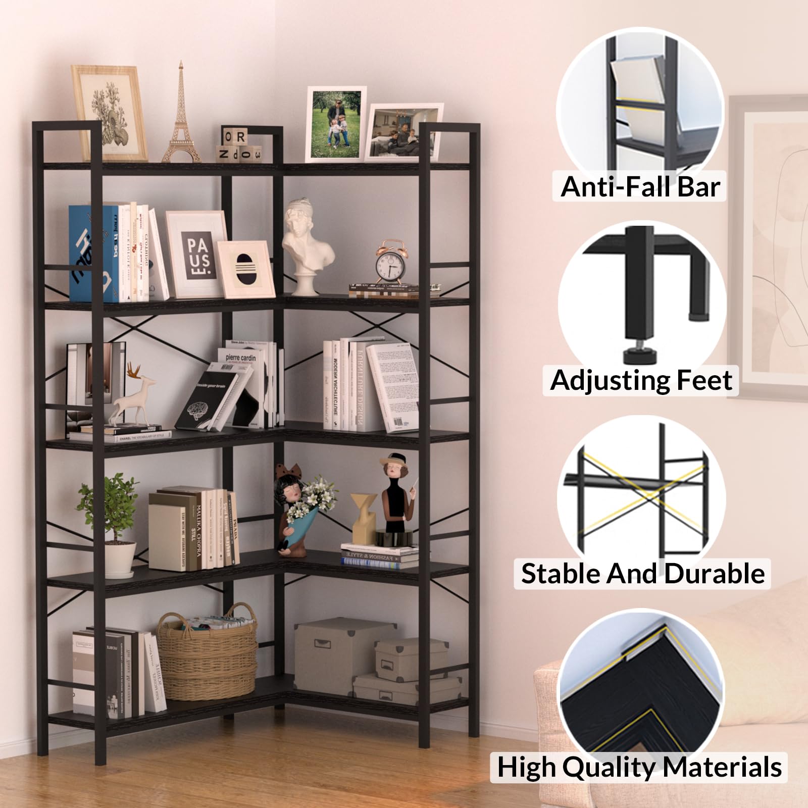 Lazyvan Black Corner Bookshelf,5 Tiers Corner Bookcase with Open Storage,L Shaped Shelves for Home Office,Living Room,Bedroom