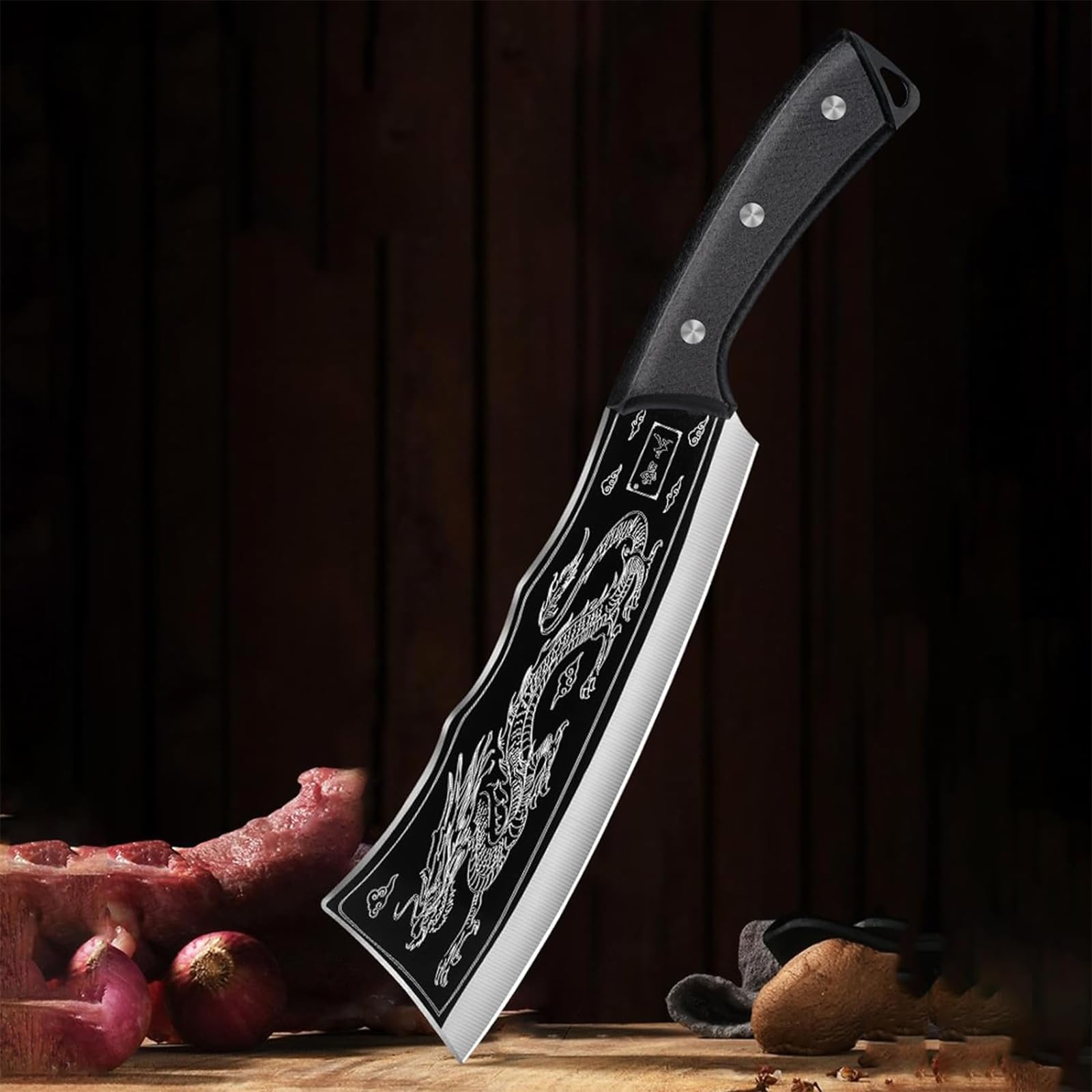 Handmade Dragon Knife, 8.2'' Cuchillo de Cocina Afilado, Dragon Slaying Knife, Black Dragon Knife, Super Sharp High Carbon Stainless Steel Kitchen Knives, Powerful Kitchen Cleaver with Sheath (B)