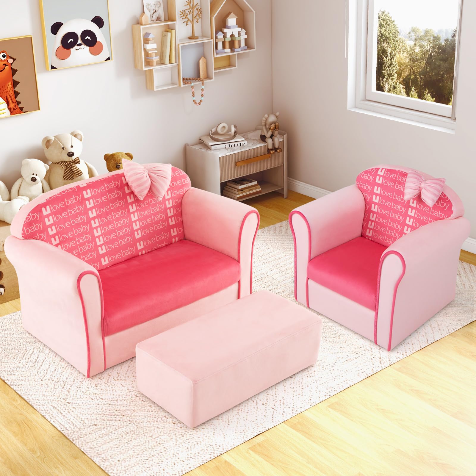 Costzon Kids Pink Couch, Toddler Mini Sofa for Kids Loveseat Aged 1-3, Upholstered Armchair with Velvet Surface & High-Density Sponge, Children's Sofa for Preschool Bedroom Playroom Gift Presents