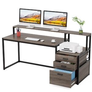 Tribesigns 63 Inch Computer Desk with File Drawer Cabinet, Ergonomic Office Desk with Monitor Stand, Industrial Computer Table with Printer Space, Wood PC Table Workstation Desk for Home Office