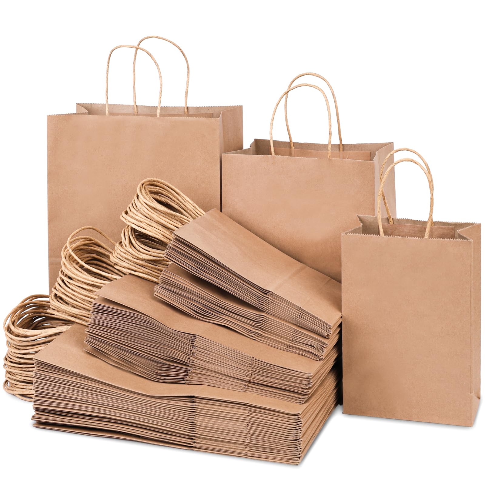 JOHOUSE 90PCS Brown Paper Bags with Handles, 3 Assorted Sizes Mixed Sizes Bulk Kraft Paper Gift Merchandise Bags for Business Shopping Retail Birthday Grocery Craft Take Out