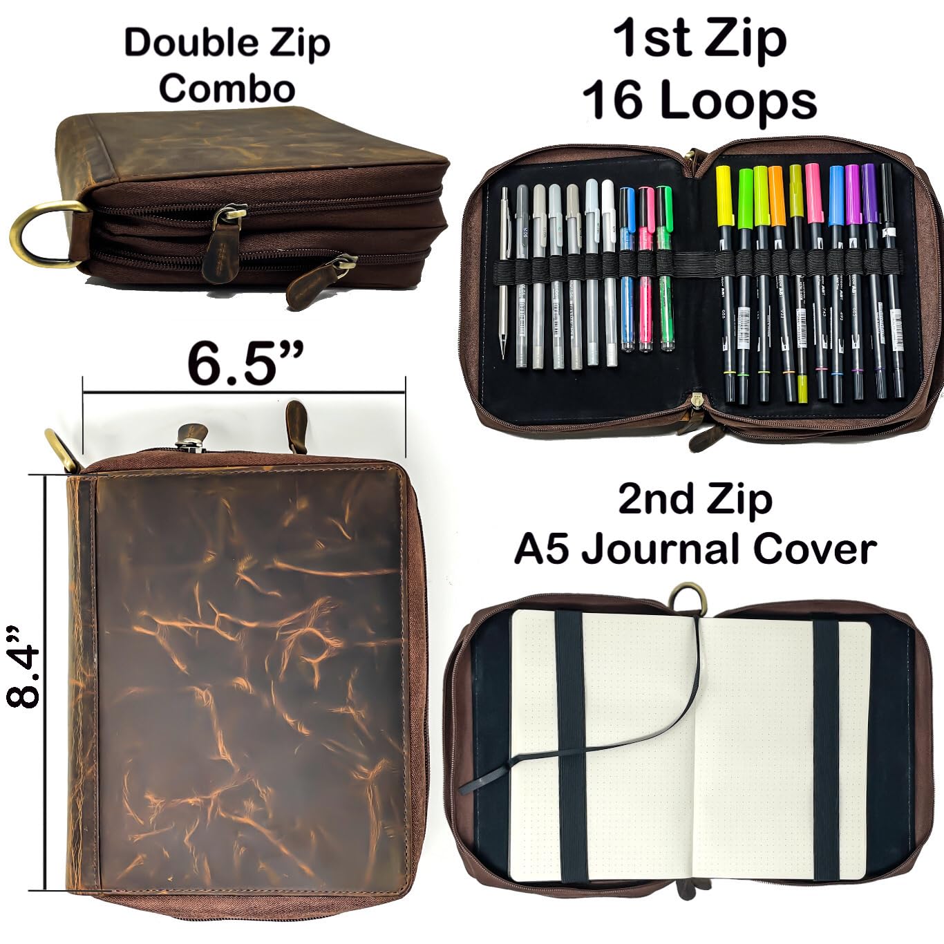 MstrSktch Deluxe Leather Journal Cover and 21 Loop Case for Travel 5.5 x 8.25 A5 Moleskine LEUCHTTURM 1917 Journals Notebooks Planners & Sketchbooks - Double Zipper Combo Design