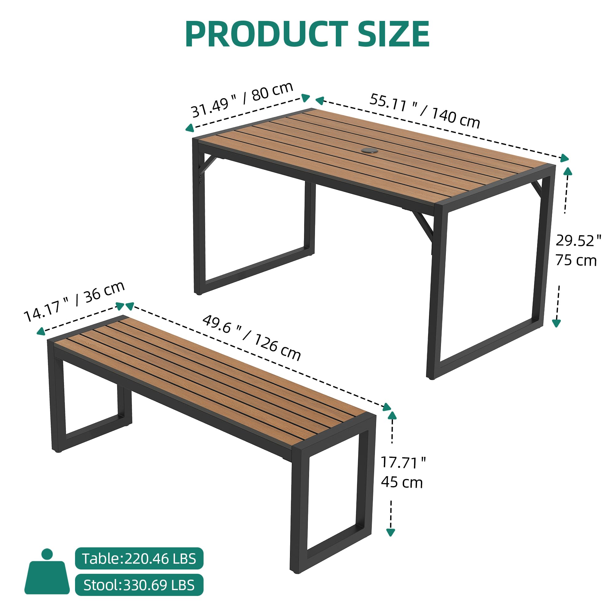 YITAHOME Patio Dining Table and Bench with Faux Wood Tabletop, Outdoor Dining Set for 4-6 People, All-Weather Picnic Conversation Set for Garden Backyard Poolside - Brown