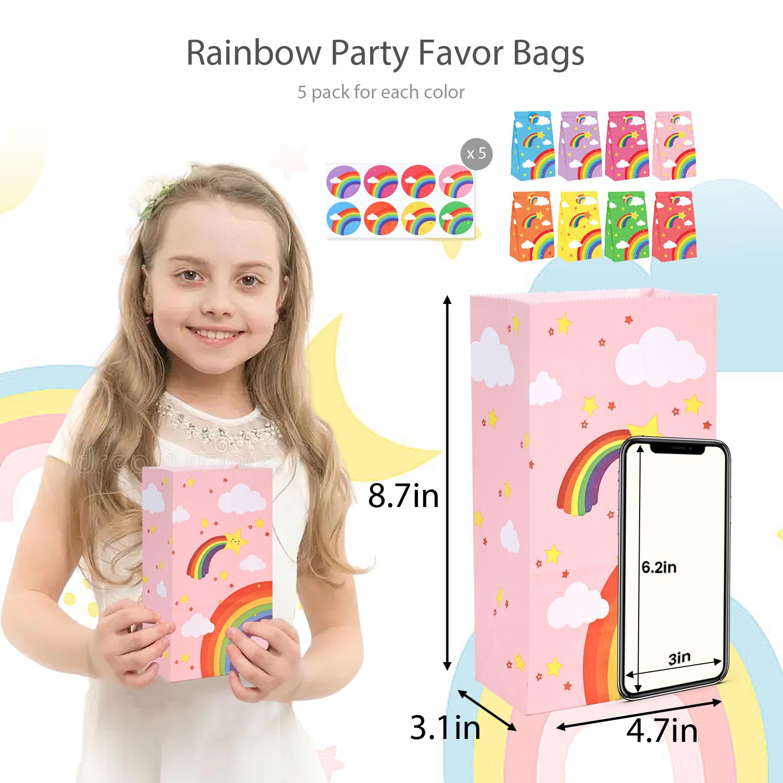 VGOODALL 40pcs Party Favor Bags Bulk, 8 Colors Goodie Bags with Stickers, Rainbow Small Gift Bags for Birthday Baby Showers Weddings