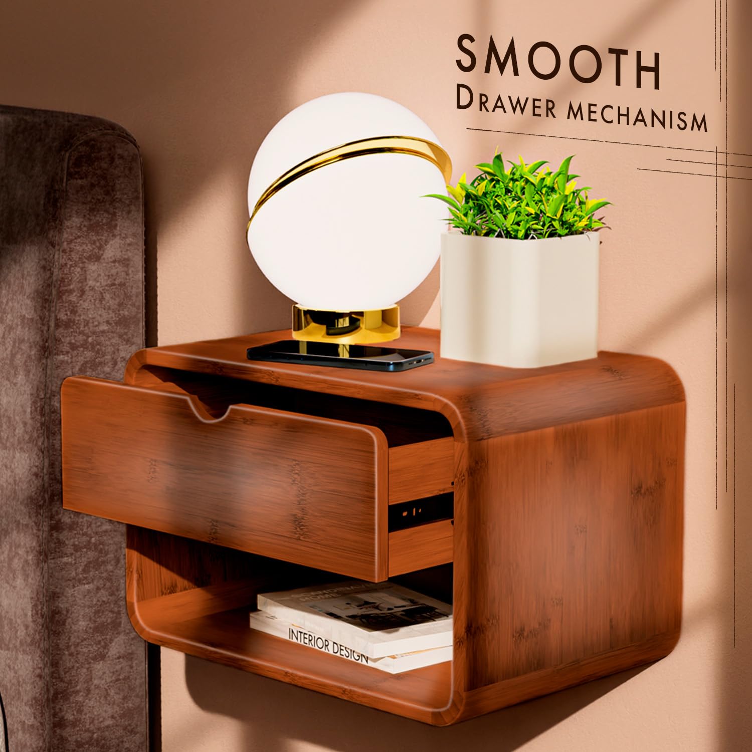 Comfify Modern Floating Nightstand with Drawer – Small, Compact, Minimalist Bamboo Wall-Mount Bedside Shelf, – Midcentury Design, Easy Installation, Clear Instructions - Dark Mahogany Finish