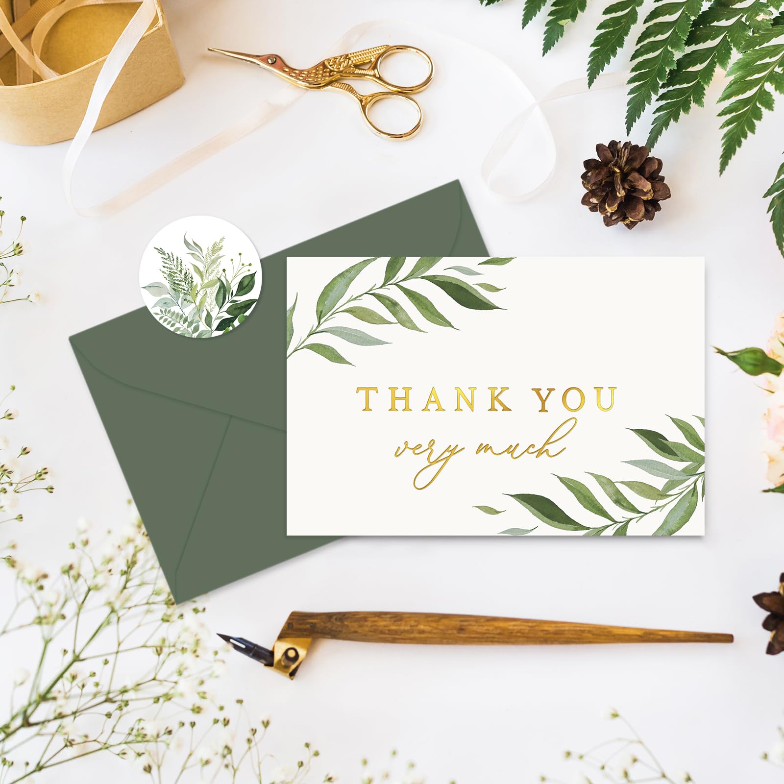 Whaline 24 Sets Greenery Thank You Cards Gold Foil Thank You Greeting Cards Watercolor Green Leaf Blank Note Cards with Envelopes Stickers for Bridal Baby Shower Wedding Birthday Party, 4 x 6 Inch