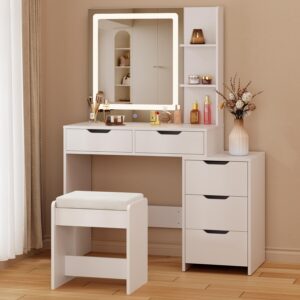 Aiho Makeup Vanity Desk with Mirror and Lights, 43.5" Vanity Table with 5 Drawers & Storage Shelves, Adjustable Brightness & 3 LED Light Modes - Dressing Table Set for Bedroom, White