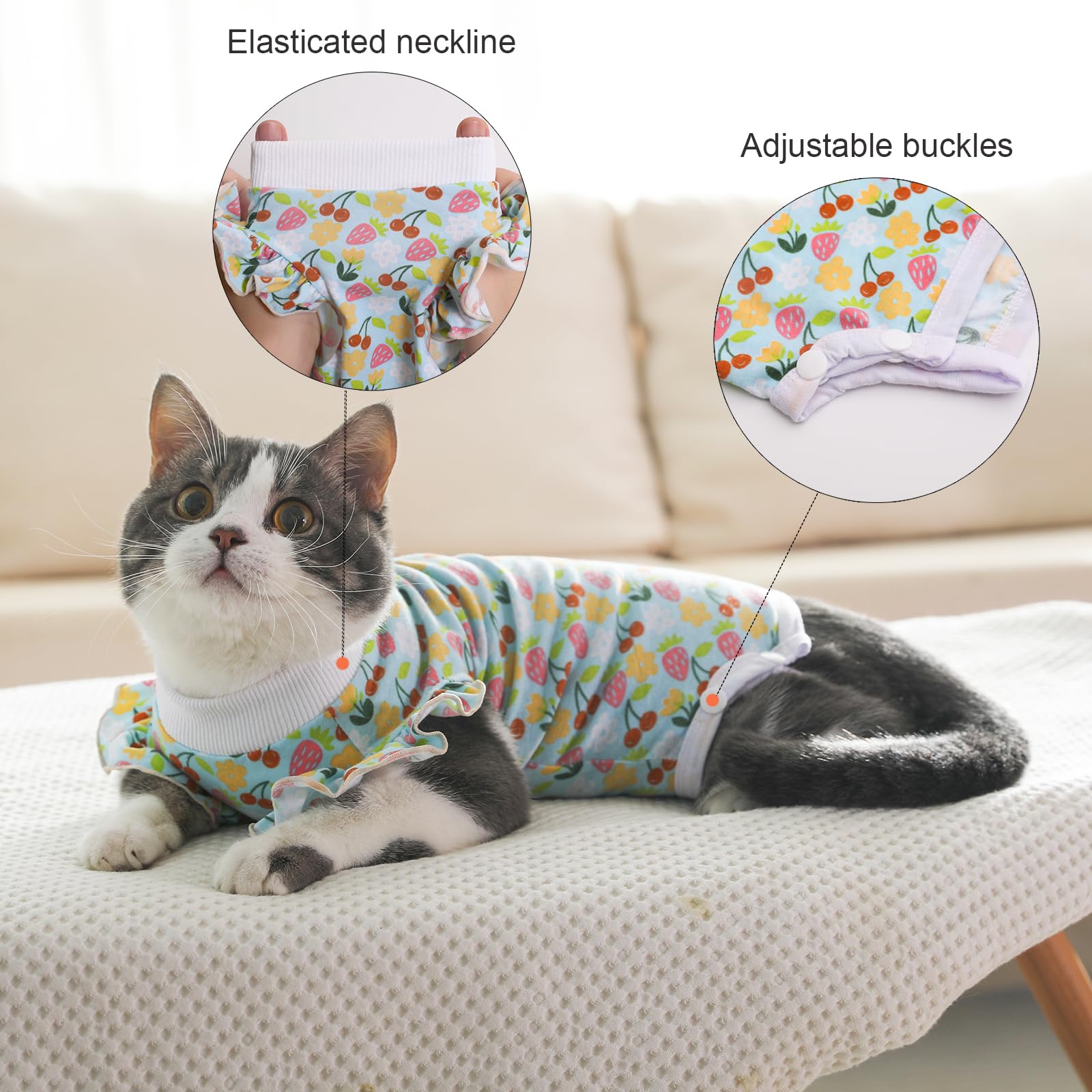 Yeapeeto Cat Recovery Suit After Surgery Bodysuit for Cats, E-Collar Substitute Keep from Licking Abdominal Wounds, Kitten Breathable Clothes, Warm After Shaving(Fruit,M)