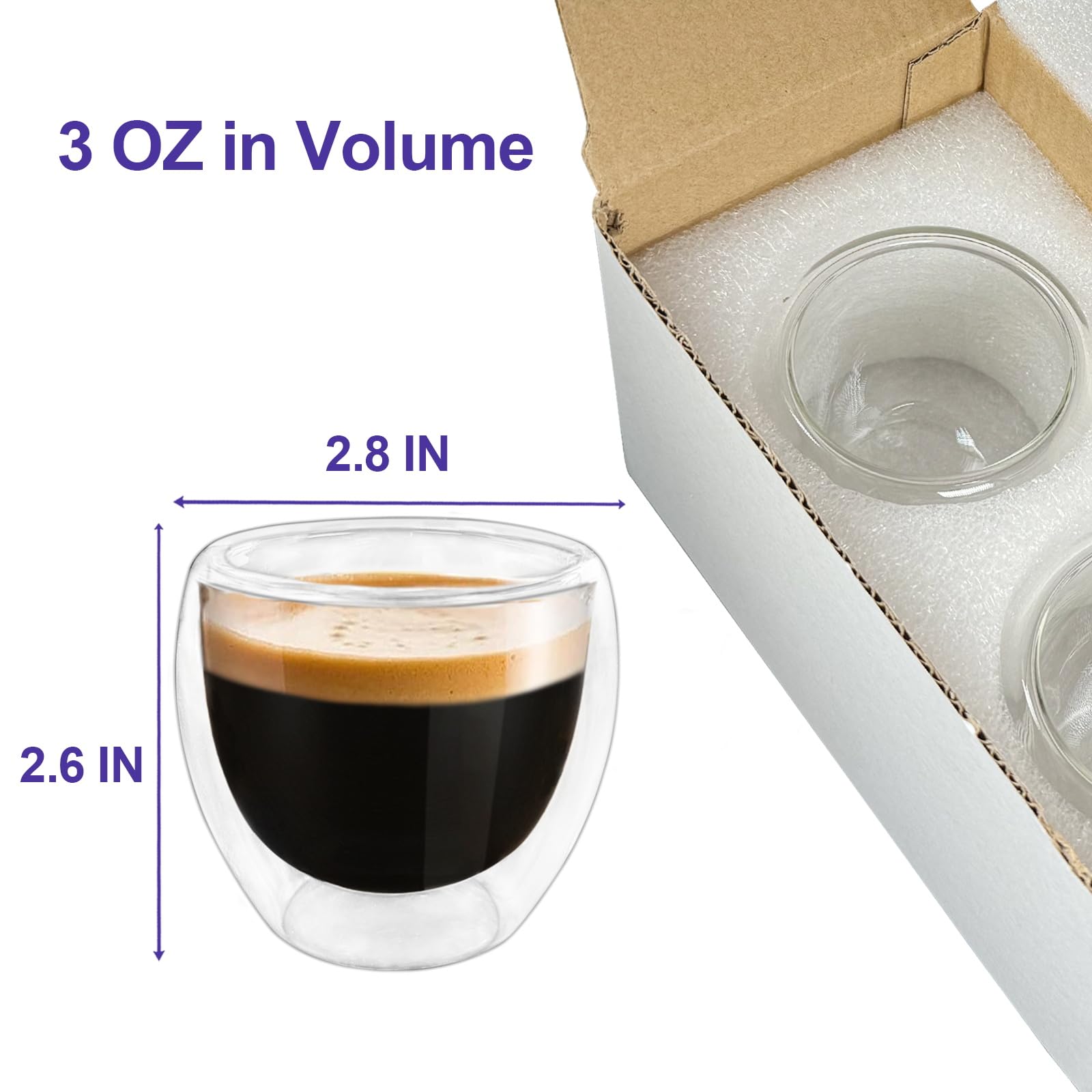 Double Wall Espresso Cups (Set of 2), 3 Ounce Glass Expresso Coffee Mugs Clear Espresso Shots Double Walled Insulated Small Demitasse Cups for Espresso Machine Italian Espresso Microwave Safe