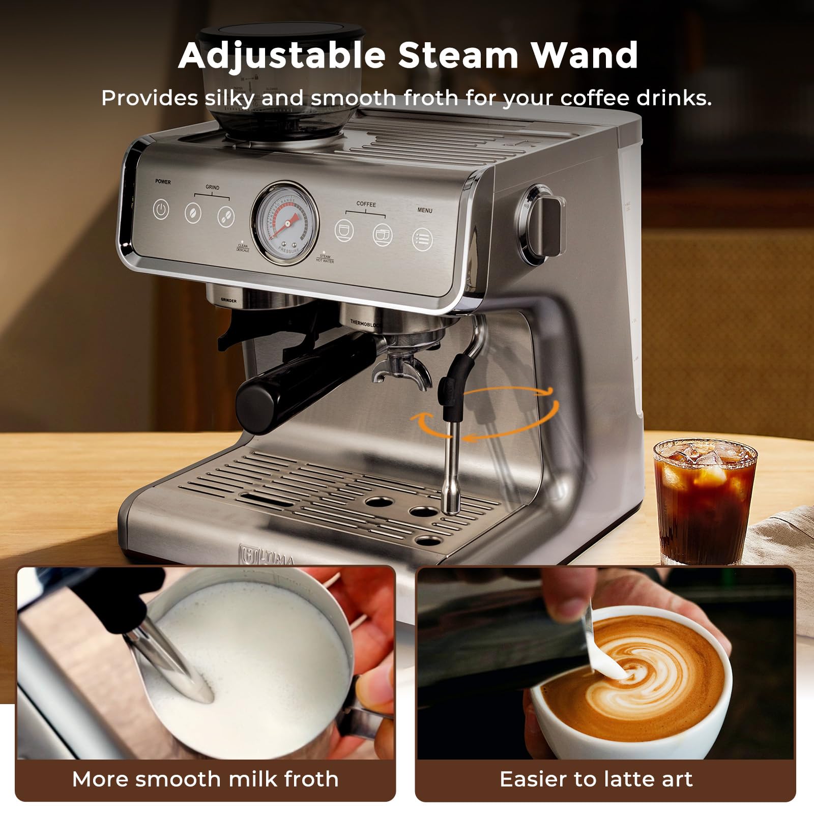 Ultima Cosa Espresso Machine With Grinder,With Milk Frother Steam Wand, Barista Latte Machine With Removable Water Tank for Cappuccinos or Macchiatos