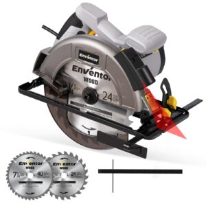 enventor circular saw corded, 11a electric circular saws 7-1/4-inch with laser guide, 2 blade saws (40t/24t), max cutting depth 2-7/16"(90°), 1-13/16"(0°-45°), single handed bevel, 6000rpm