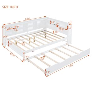 DEINPPA Full Size Platform Bed with L-Shaped Bookcase and Trundle, Wooden Captain Bed Frame with Bookcase Headboard for Kids Teens Boys Girls, No Box Spring Needed-White