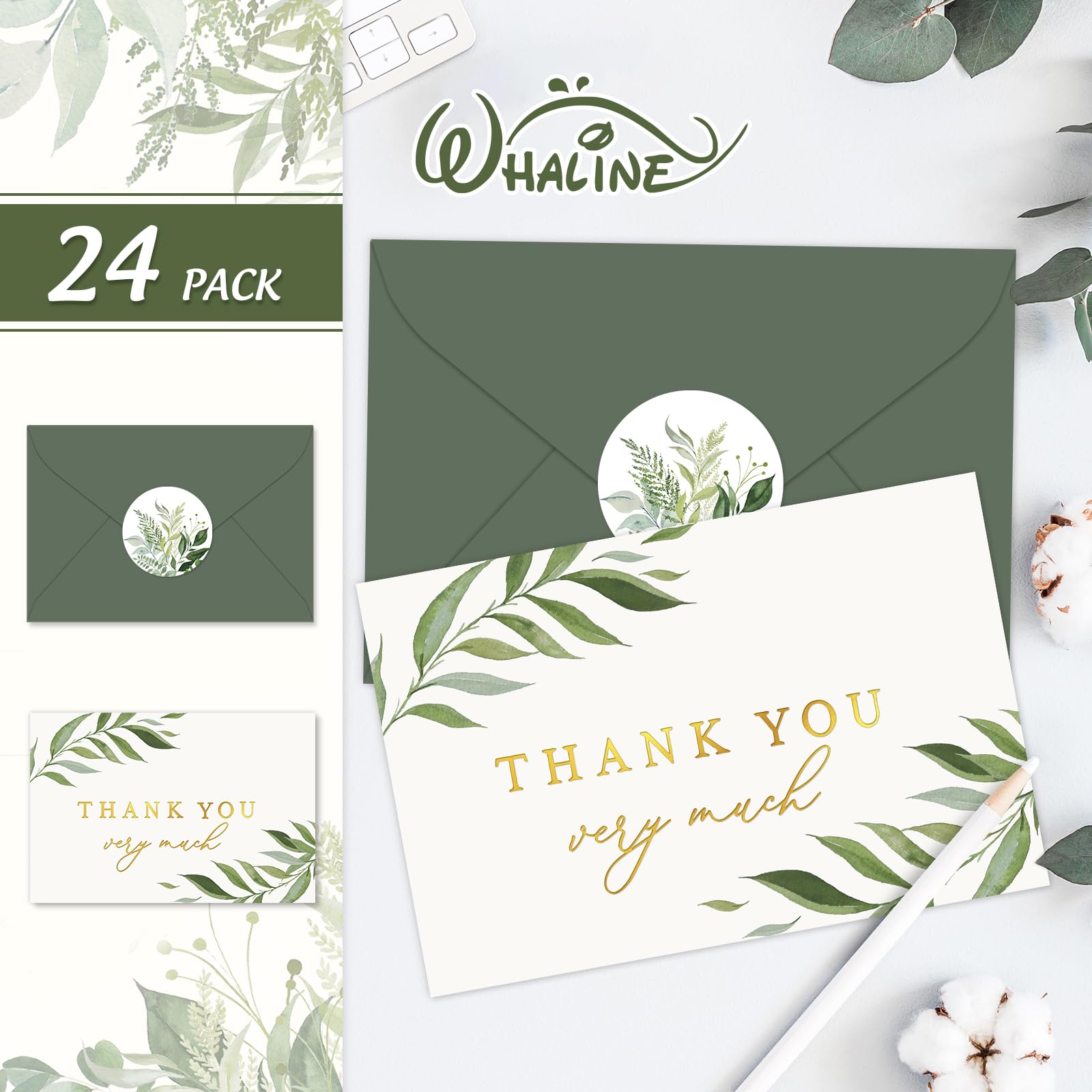 Whaline 24 Sets Greenery Thank You Cards Gold Foil Thank You Greeting Cards Watercolor Green Leaf Blank Note Cards with Envelopes Stickers for Bridal Baby Shower Wedding Birthday Party, 4 x 6 Inch