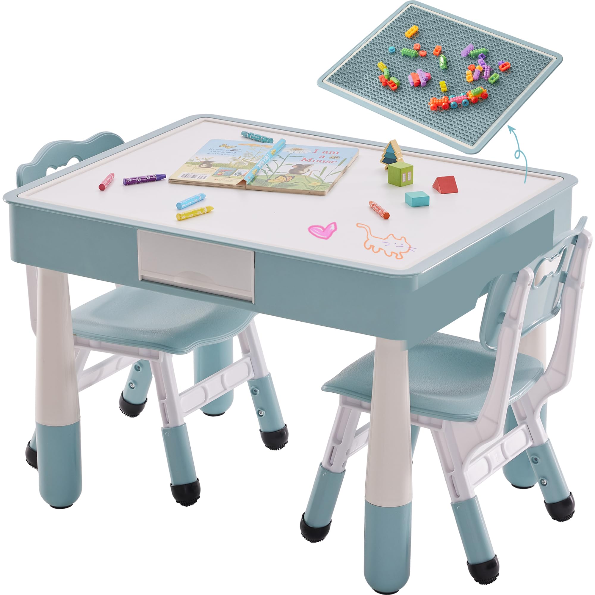 DOREROOM 4 in 1 Kids Table and 2 Chairs Set with Storage, Toddler Table and Chair Set for Kids Ages 3-10, Graffiti & Building Blocks Double-Sided Tabletop (Grayish Blue, 2 Chairs)