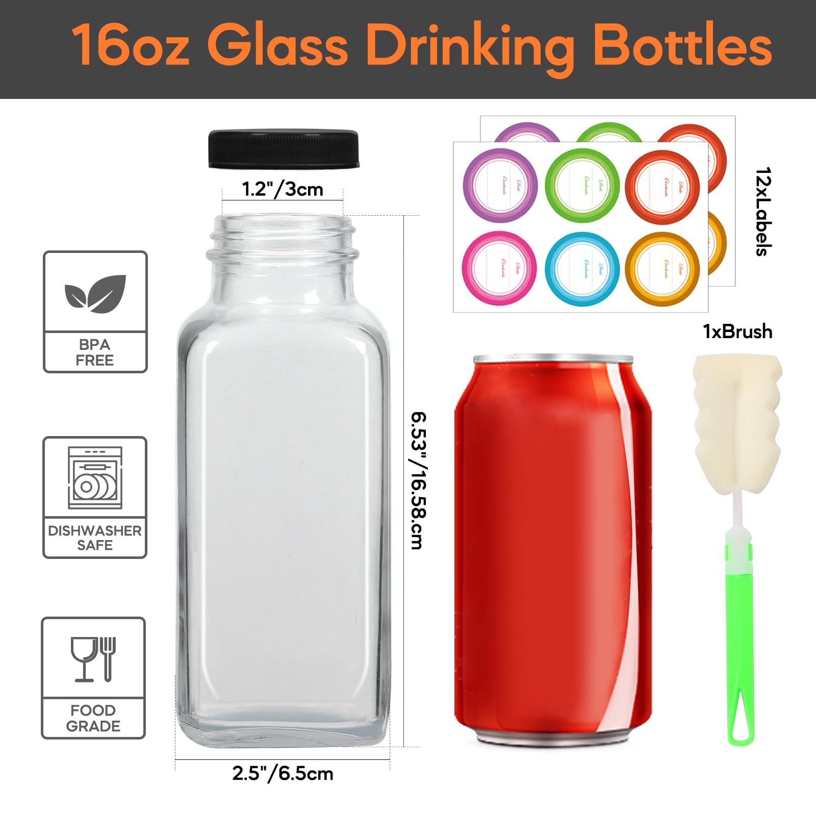 STARSIDE 12 Pack 16oz Glass Drinking Bottles with Lids,Vintage Water Bottles,Reusable Drinking Jars with Lids for Milk,Juicing,Kombucha,Juice