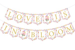 cheereveal love is in bloom banner - flower theme bridal shower bunting garland, pink pre-assembled party signs, engagement wedding party supplies and decorations