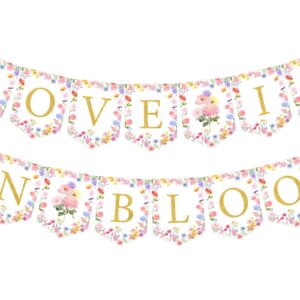 Cheereveal Love is in Bloom Banner - Flower Theme Bridal Shower Bunting Garland, Pink Pre-Assembled Party Signs, Engagement Wedding Party Supplies and Decorations