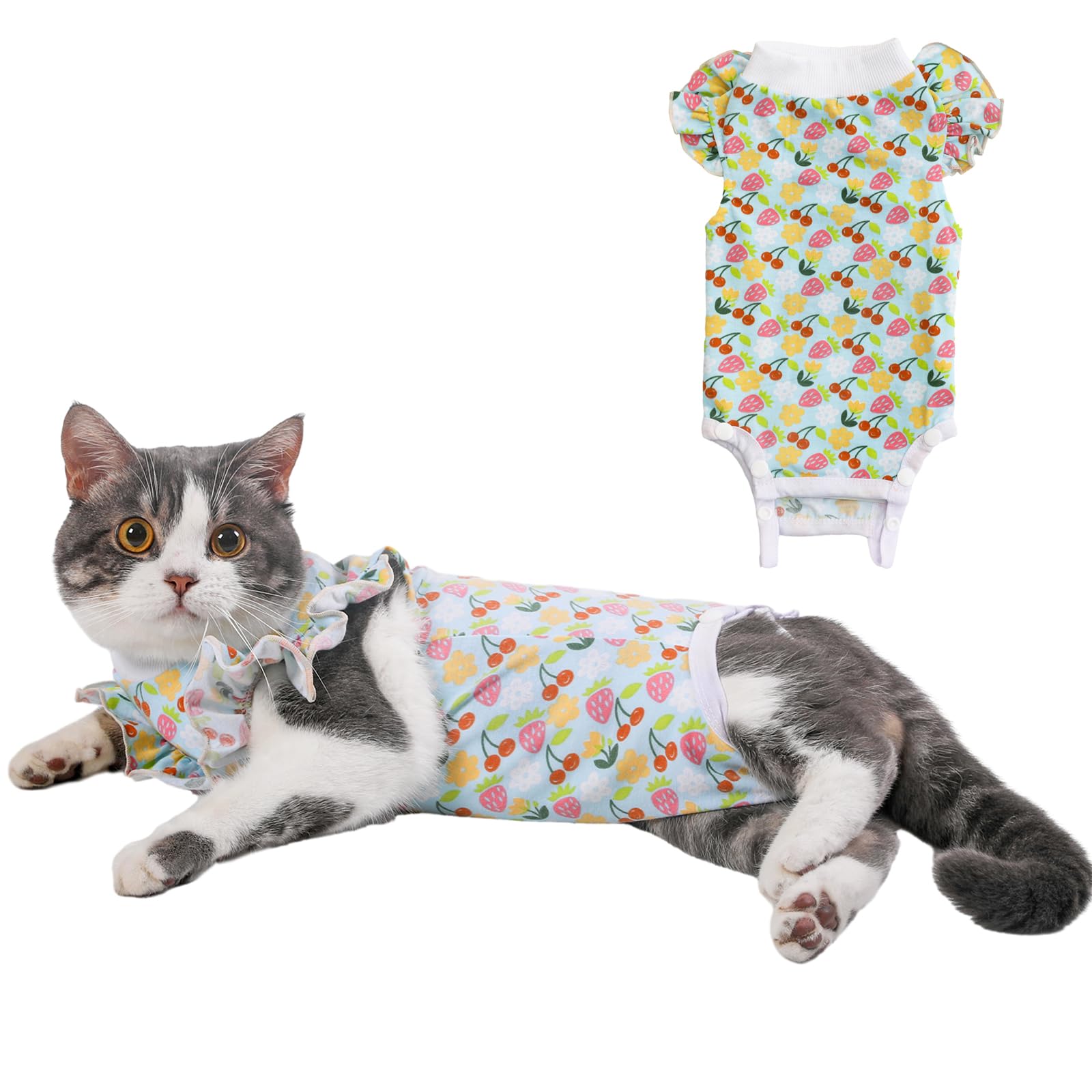 Yeapeeto Cat Recovery Suit After Surgery Bodysuit for Cats, E-Collar Substitute Keep from Licking Abdominal Wounds, Kitten Breathable Clothes, Warm After Shaving(Fruit,M)