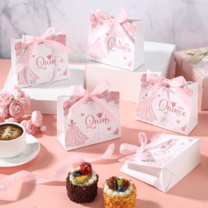 Skyygemm 25 Sets Quinceanera Party Favors for Guests Quinceanera Gift Bag with Handles Small Candy Bag with Bow Ribbon Mis Quince Decoration Quinceanera Sweet 15 Birthday Party Favor (Pink)