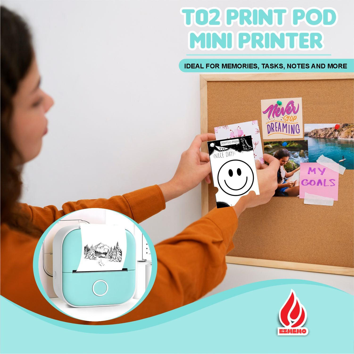 T02 Mini Printer, Portable Sticker Printer Efficiently and Quickly, Thermal Printer for Study Notes, Pictures, DIY, Label, Free App with Multiple Templates-for Android & iOS Green