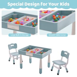 DOREROOM 4 in 1 Kids Table and 2 Chairs Set with Storage, Toddler Table and Chair Set for Kids Ages 3-10, Graffiti & Building Blocks Double-Sided Tabletop (Grayish Blue, 2 Chairs)