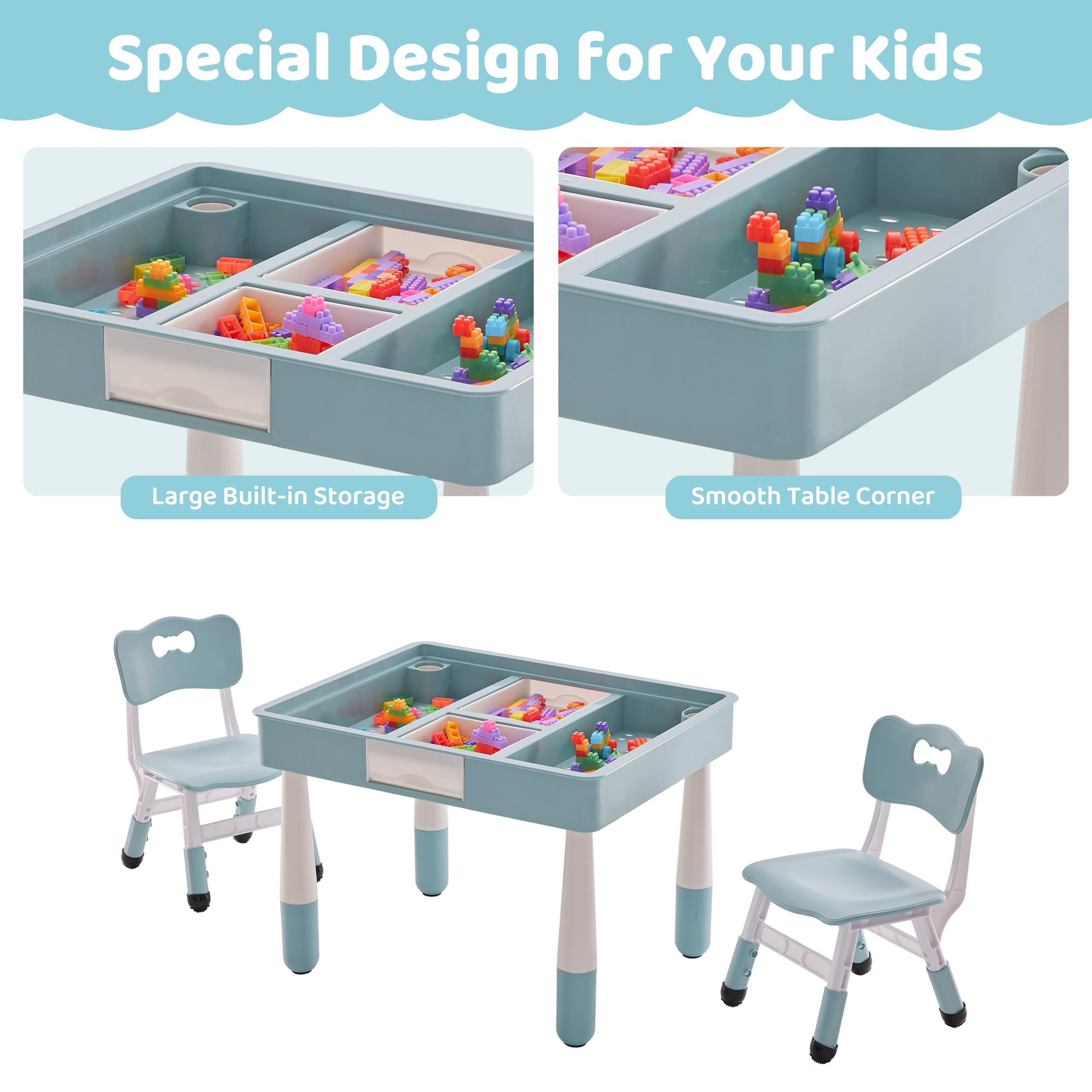 DOREROOM 4 in 1 Kids Table and 2 Chairs Set with Storage, Toddler Table and Chair Set for Kids Ages 3-10, Graffiti & Building Blocks Double-Sided Tabletop (Grayish Blue, 2 Chairs)