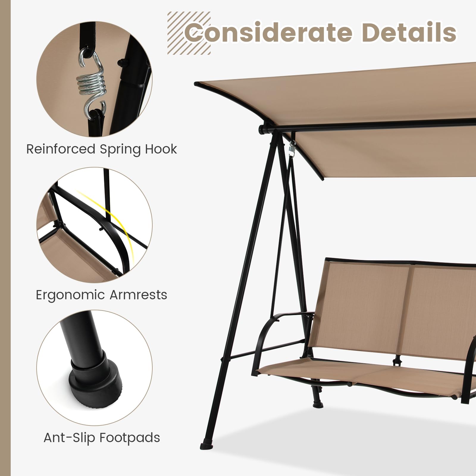 HAPPYGRILL 2-Person Porch Swing with Canopy, Outdoor Patio Swing Chair with Heavy-Duty Metal Frame, Breathable & Durable Seat Fabric, Patio Loveseat Swing for Backyard, Balcony, Poolside