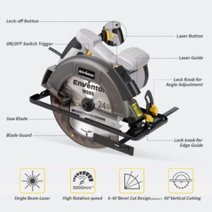 ENVENTOR Circular Saw Corded, 11A Electric Circular Saws 7-1/4-Inch with Laser Guide, 2 Blade Saws (40T/24T), Max Cutting Depth 2-7/16"(90°), 1-13/16"(0°-45°), Single Handed Bevel, 6000RPM