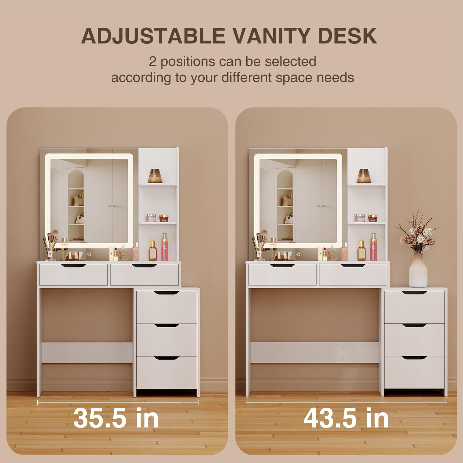 Aiho Makeup Vanity Desk with Mirror and Lights, 43.5" Vanity Table with 5 Drawers & Storage Shelves, Adjustable Brightness & 3 LED Light Modes - Dressing Table Set for Bedroom, White